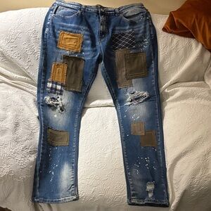 Men's Slim Straight Patchwork Blue Jeans with Contrast Panels